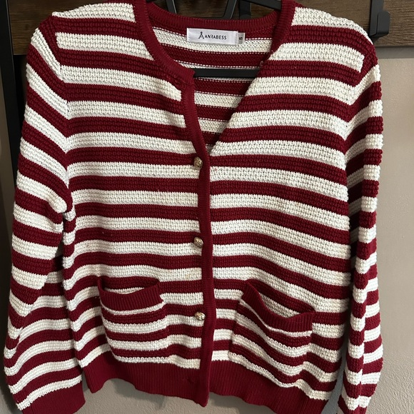 Red and White Striped Women's Sweater - Picture 1 of 3